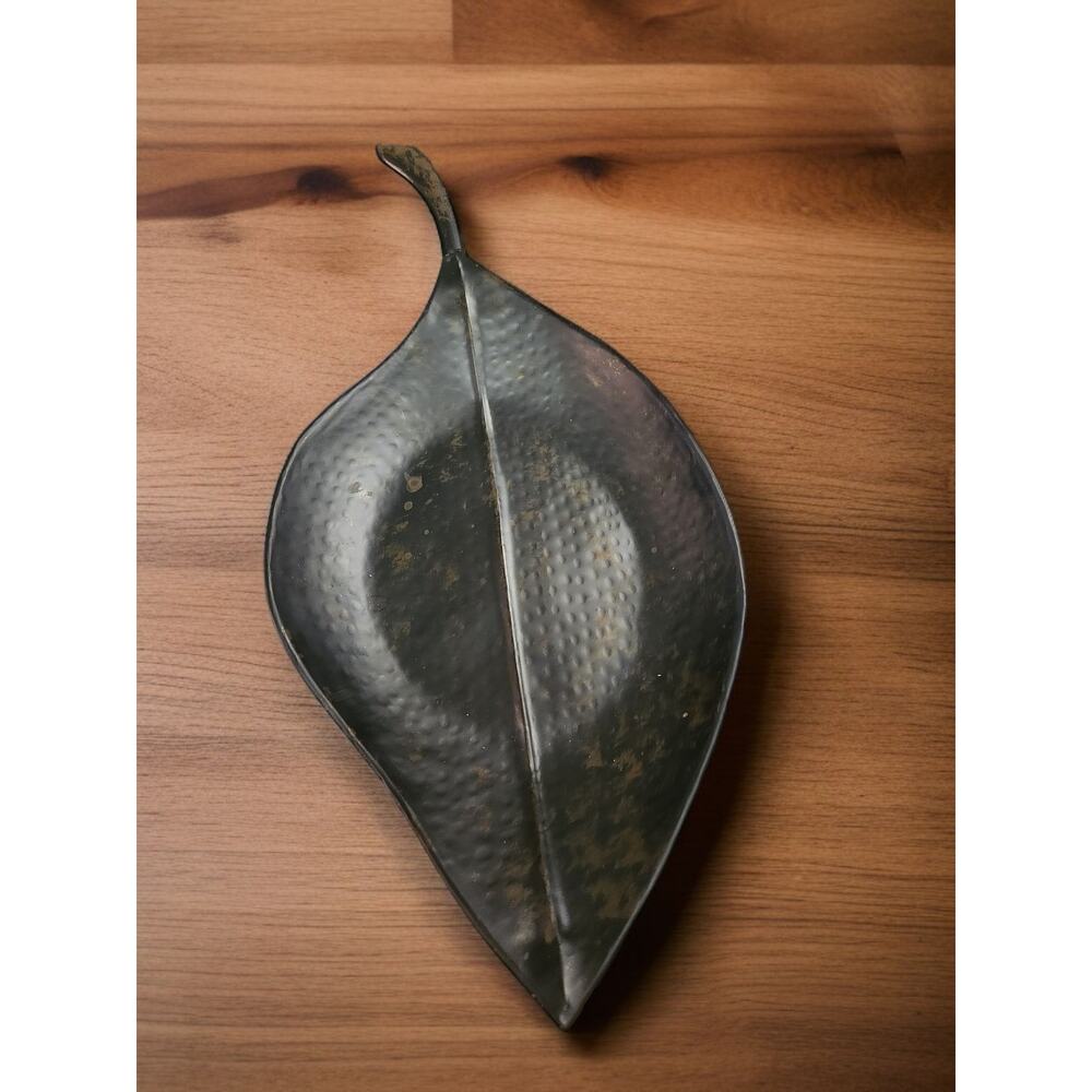 Fitz and Floyd Hammered Large Black Brown Leaf Serving Tray Made in India